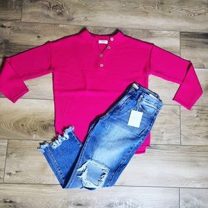Hot pink 4 button Henley sweater